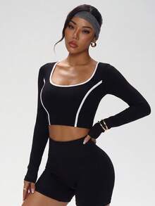1pc Women's Ribbed Long Sleeve Sports Top, Autumn/Winter, Soft Elastic Shaping Slim Fit Versatile T-Shirt Black - Black - View 6