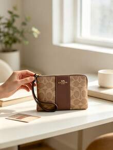 Coach Women's Diagonal Zipper Wristlet Wallet, Striped Logo Canvas Clutch Handbag - Brown - View 3