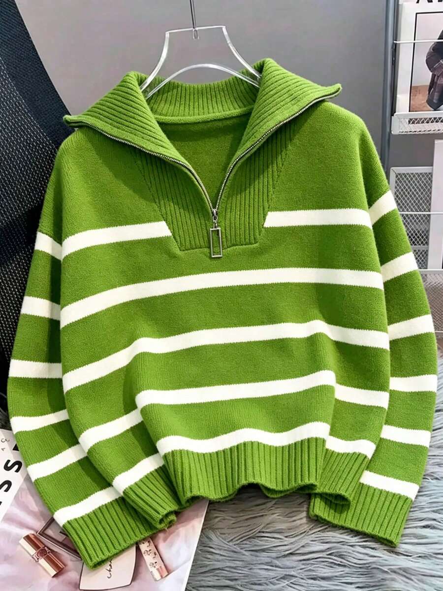 秋冬新款女款條紋拉鍊套頭毛衣,時尚高級簡約百搭針織上衣 - Limelight Green - 查看 1
