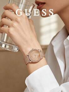 GUESS Women's Minimalist Dual-Needle Brand Inverted Triangle Logo Dial Adjustable Metal Mesh Band Office Formal Watch W1142L4 - Rose Gold - View 3