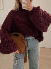 Women's Burgundy High Neck Knit Sweater, Bishop Sleeve Design, Comfortable And Fashionable, Autumn/Winter Essential Top - Burgundy - View 1