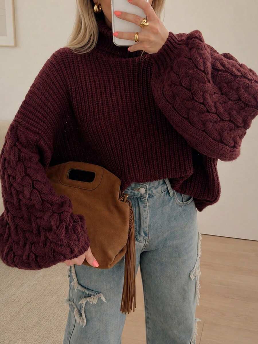 Women's Burgundy High Neck Knit Sweater, Bishop Sleeve Design, Comfortable And Fashionable, Autumn/Winter Essential Top - Burgundy - View 1