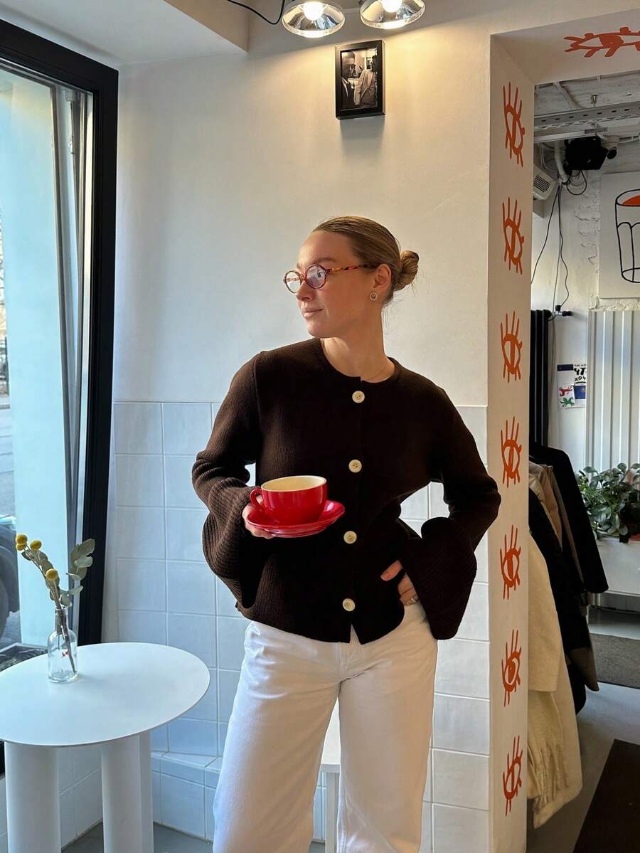 Dark Brown Round Neck Knit Cardigan For Women, Unique Flared Long Sleeve Design, Minimalist White Button Short Slim Fit, Spring/Autumn Gentle Slimming Outerwear Knit Sweater - Coffee Brown - View 1