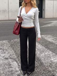Fashion Women's V-Neck Fitted Short Wrap Ribbed Knit Sweater, Long Sleeve Pullover, Button Detail Design, Suitable For Spring And Autumn Wear. Fall - Light Grey - View 3