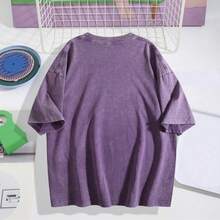 Women Vintage Washed Tee, 230G Thick Oversized Crew Neck Short Sleeve, Retro Street Loose Fit Casual Top For Spring Summer Machine Washable Daily Wear - 紫色 - 查看 2