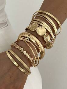 12/7pcs Vintage Elegant Wide Plain Metal Disc Beaded Elastic Bracelet Set, Suitable For Women's Daily, Party, Vacation And Multiple Occasions, Gift - Gold - View 7