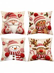 4Pcs Christmas Themed Throw Pillow Covers 45x45cm Christmas Theme Patterns Of Santa Claus, Gingerbread Man, Snowman, Red-Nosed Reindeer Ideal For Christmas Home Sofa Living Room Decor(Pillow Inserts Not Included) - Multicolor - View 7