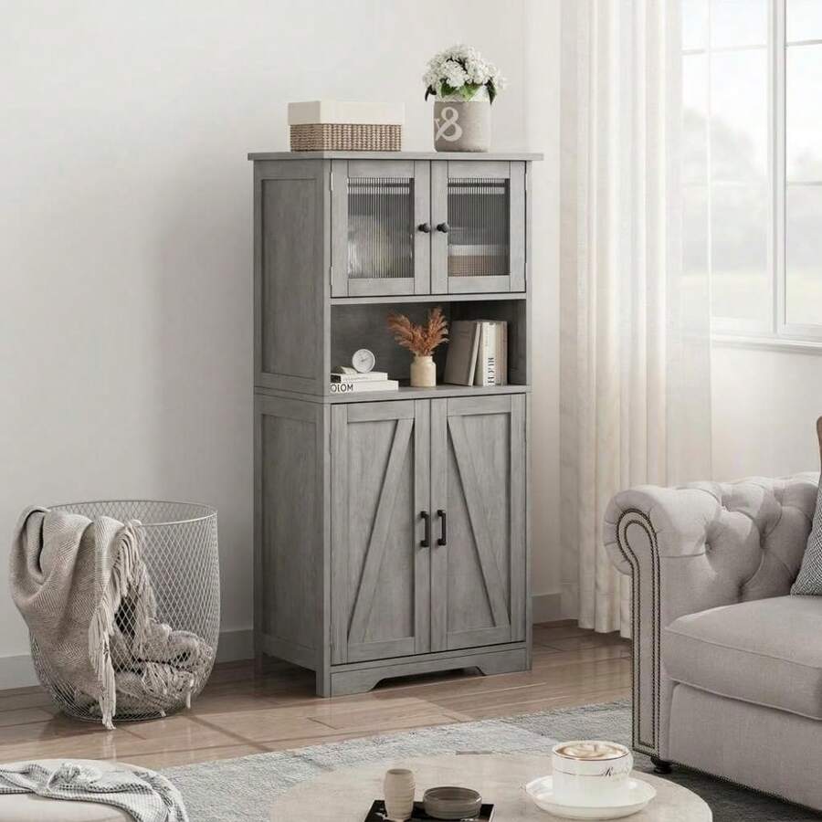 Kselythan Armario de almacenamiento para baño de 50" de altura con 4 puertas y estante ajustable, armario despensa de cocina independiente, organizadores y almacenamiento para baño. - Gris - Ver 1