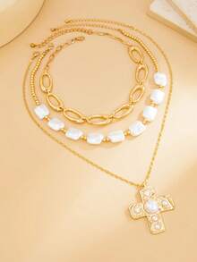 3pcs/Set Asymmetrical CCB Pearl Cross Pendant Necklace, Vintage Unique Clavicle Chain Necklace Suitable For Daily Wear And Party - Multicolor - View 3