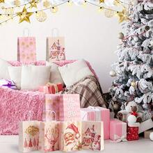 4/12/24pcs Pink Christmas Handbags, Christmas Element Cartoon Print Gift Bags, Multi-Scenario Companion Gift Storage Bags, Christmas Birthday Party Universal Handheld Packaging Bags - Pink - View 5