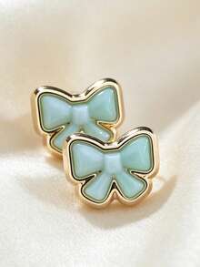 1 Pair Sweet Style Dopamine Resin Gold-Rimmed Bow Stud Earrings For Women, Daily Commute, Date, Versatile Earrings (Non-Metal Parts Are Handmade Drip Glue Gradient Craft, Each Earring Has Slight Differences In Color Depth And Pattern, Cannot Be Perfectly Identical, Which Is Normal) - Yellow Gold - View 5