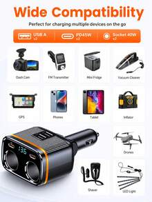 XF.Meraki 145W 12V/24V Dual Car Cigarette Lighter Splitter, With LED Voltage Display, PD 45W Type-C & QC 3.0 USB Fast Charging Adapter, 2-Port Multi-Port Car Charger, Compatible With IPhone, Galaxy, GPS, Dash Cam And Laptop - Car Charger - View 6
