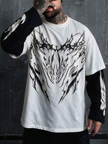 Krometka Men's Dark Thorn Print 2 In 1 Long Sleeve T-Shirt, American Street Style Retro Patchwork Contrast Color Crew Neck Top - White - View 3