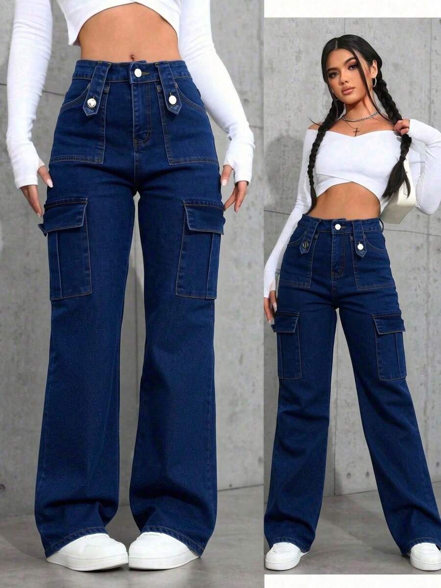 Women Jeans - 深色水洗藍 - 查看 1