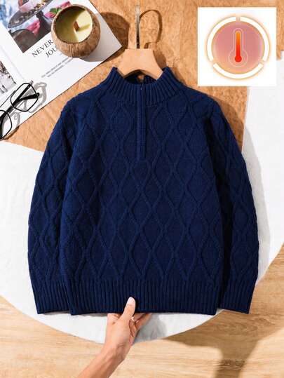 Suéter de punto con media cremallera y diseño de rombos de unicolor estilo preppy para niños, adecuado para la escuela en primavera, otoño e invierno