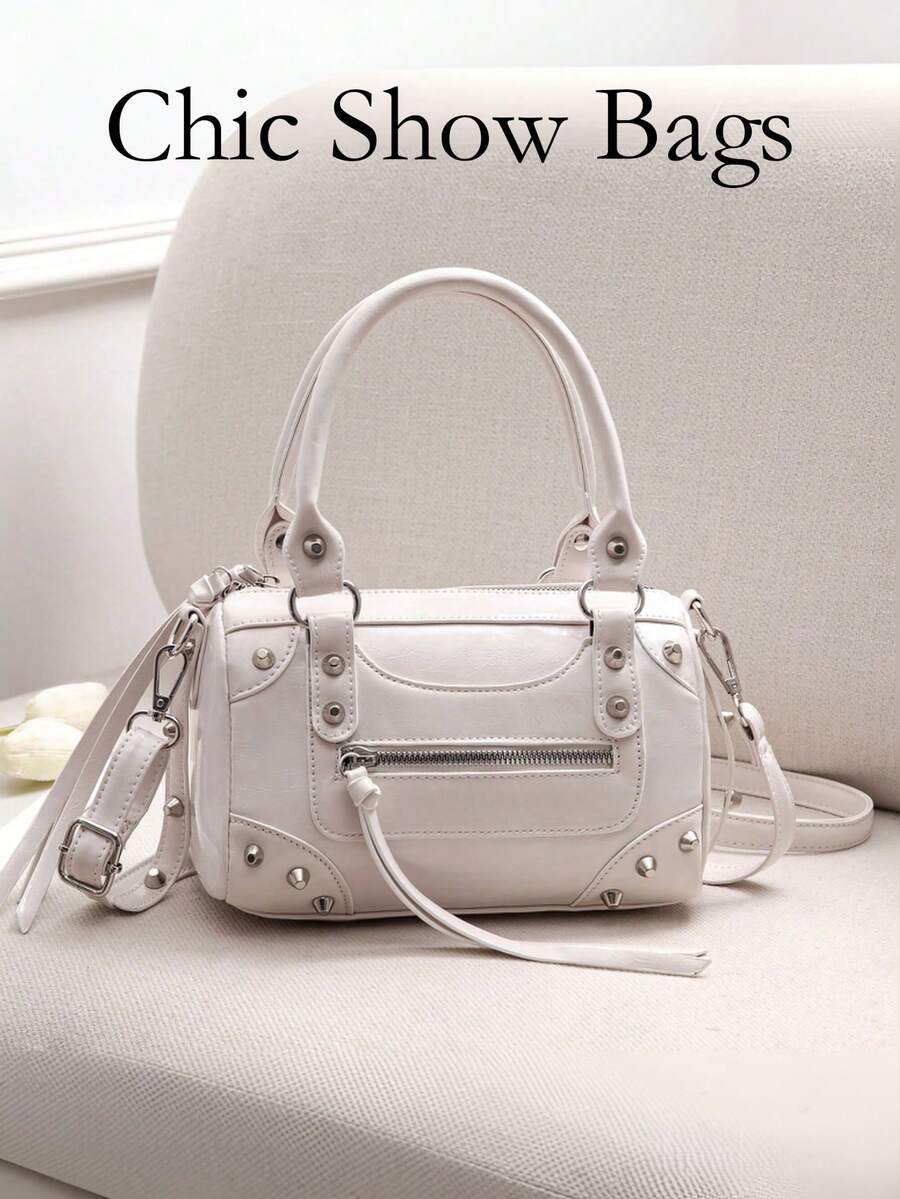 Fashionable Green Patchwork Rivet Motorcycle Bag With Adjustable Strap, Retro Sweet Cool Style Women's Crossbody Handbag For Daily Outings - White - View 1