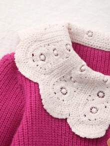 Tween Girl Knitted Embroidered Floral Collar Cardigan - Hot Pink - View 7