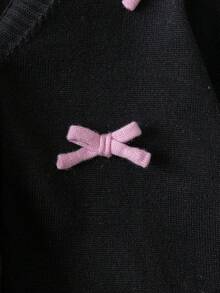 Girls Cute Solid Color 3D Bow Short Knit Cardigan Sweater, Suitable For Casual Daily Wear In Spring And Autumn - Black - View 8