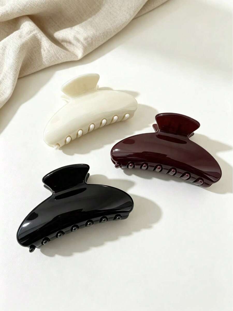 1/3pcs Minimalist Glossy Curved Large Hair Claw, Classic Cream, Burgundy, Pure Black 3 Colors Optional, Smooth Sturdy Durable, With Anti-Slip Teeth Firmly Hold Thick Hair, Suitable For Daily Hairstyling, Washing, Tying Hair, Minimalist Ins Style Versatile Hair Accessory, Commute, Casual Easily Handle, Gentle High-End All-Match Back-Of-Head Hair Clip - Multicolor - View 1