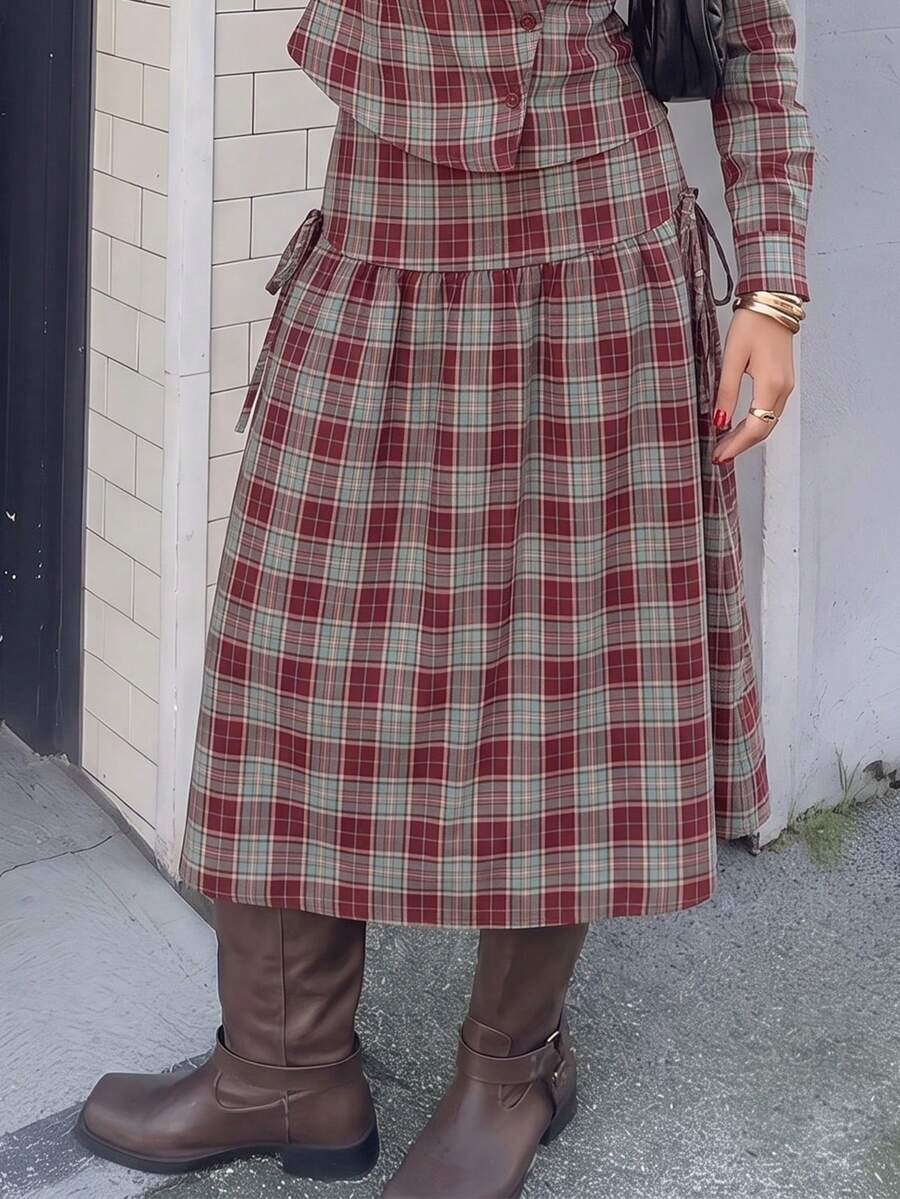Women's Elegant Red Plaid Woven Maxi Dress - Red - View 1