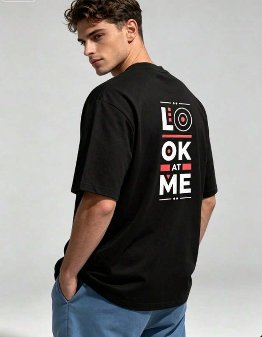 Men's Retro Streetwear 'LOOK AT ME'  Cotton, Soft Breathable, Crew Neck Slogan Print, Ideal For Summer Beach Casual Outfits & Layering - Schwarz - Übersicht 1