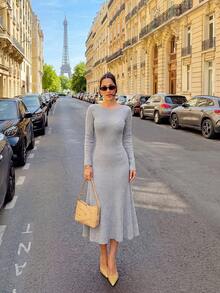 Women's Autumn/Winter Retro Minimalist Long Slim Fit Ribbed Solid Color Knit Sweater Dress - Grey - View 3