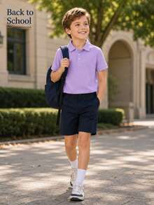 小男孩/兒童經典淺紫色純色短袖 Polo 衫，適合日常穿著、外出、聚會、表演和活動 - 淡紫色 - 查看 4
