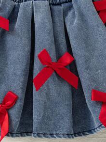 Autumn/Winter Cute Red American Style Bow Long Sleeve Round Neck Top & Ribbon Bow Denim Pleated Skirt Commuter Chic Set - Red - View 7