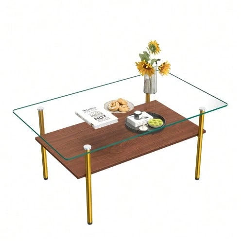 Modern Coffee Table With Glass Top And MDF Shelf, Living Room Table With Gold Metal Legs, Rectangular Sofa Table With Luxurious Design, Wood Effect-H45/L98/D58 Cm - 棕色 - 查看 1