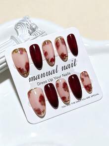 10pcs Oval-Shaped Gold Rimmed Ombre Floral Nail Art Stickers, Fashionable And Exquisite, Easily Create Nail Art Designs, Add Romantic Flair To Fashionable Girl's Fingertips, Showcase Bold Style. Suitable For Parties, Galas And Daily Wear, An Excellent Gift For Ladies And Girls Nails - Red - View 4