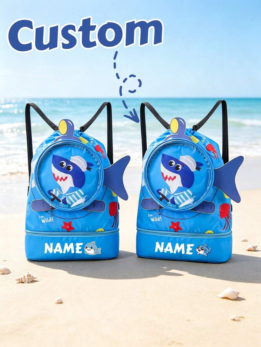 1pc Personalized Back To School Large Capacity Shark Drawstring Bag Travel Backpack With Versatile Cute Shark Print, Independent Shoe Compartment, Zipper Closure Nylon Material, Suitable For Outdoor Sports, Fitness, Swimming, Daily Commute. Birthday Gift. - Multicolor - View 1