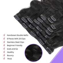 BINF Clip In Hair Extensions Real Human Hair - 8 Inch Glueless Body Wave Hair Extensions Clip Ins 110g Grade 10A Brazilian Remy Hair 8Pcs With 20Clips Bob Hair Thick And Soft Natural Black - Natural Black - View 3