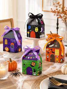 24/12/2pcs Halloween Candy Treat Boxes, Pumpkin Bat Ghost Party Packaging With Ribbon, Castle House Mini Halloween Party Favor Box, 4 Assorted House Designs, For Holiday Party Treat Cookie Goodie Snack Gift Packaging - Multicolor - View 3
