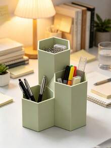 1pc 3 Grid Spliced Hexagonal Pen Holder, Multi-Compartment Makeup Brush Organizer, Desktop Storage Caddy For Office School Vanity Table Pencil Case Storage Organizer School - Multicolor - View 14