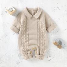 1pc Baby Knit Sweater Romper, Doll Collar Cable Knit Long Sleeve Bodysuit, Open Crotch Design, Daily Wear For Unisex Infants - Camel - View 3