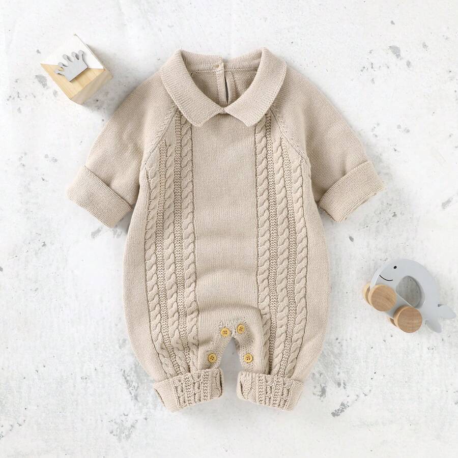 1pc Baby Knit Sweater Romper, Doll Collar Cable Knit Long Sleeve Bodysuit, Open Crotch Design, Daily Wear For Unisex Infants - Camel - View 1