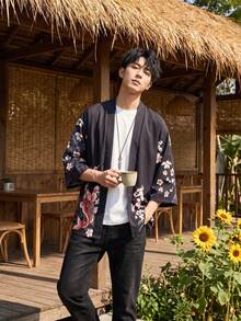 浮世绘樱花锦鲤印花七分袖和服开衫，男士宽松休闲防晒浴袍，日式外套 - 黑色 - 查看 3