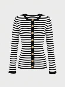 Women's Long Sleeve Front Button-Down Single Button Striped Pattern Detail Round Neck Elegant Casual Blouse, Suitable For All Seasons Fall - Multicolor - View 5