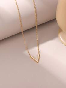 1pc Simple & Versatile Stainless Steel V Shape Necklace For Women, With English Letter Pendant, Clavicle Chain, Suitable For Daily Wear - Yellow Gold - View 2
