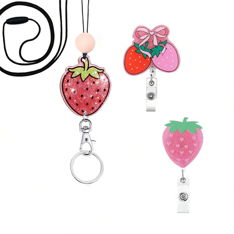1pc Shiny Strawberry ID Badge Clip Retractable Badge Reel, Nurse Badge Holder With Rotating Clip, Work Badge Buddy Retractable Buckle, Teacher Office ID Card Lanyard With Silicone Beads, Anti-Drop Key & Badge Holder, Suitable For Healthcare Workers, Office Workers, Women's Office & Shopping - Casual Style - View 1