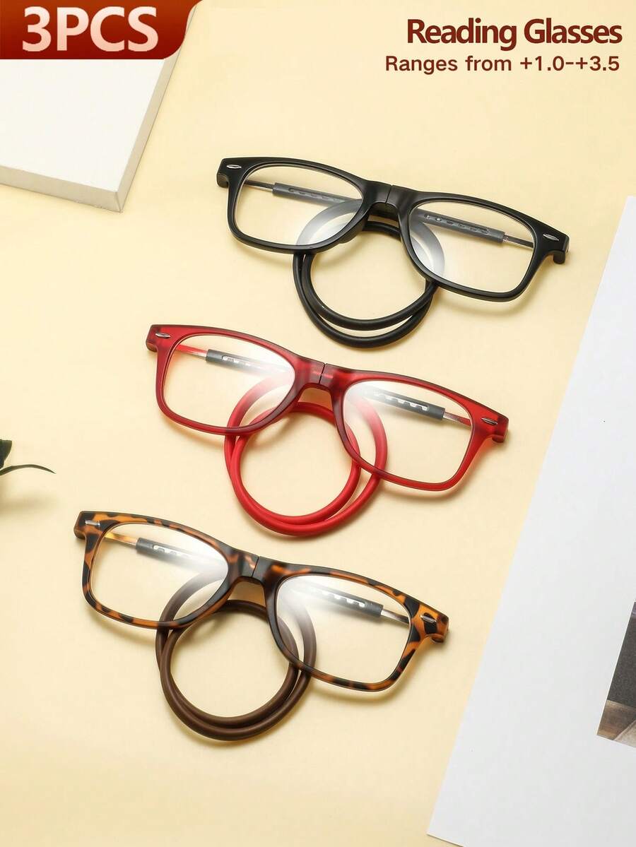 3 Pairs Men's Magnetic Neck Hanging Full Frame Reading Glasses, Anti-Loss Portable Simple Practical Versatile Eyewear, Suitable For Outdoor Travel, Daily Commute, Home Reading - Transparent - View 1