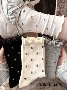 1/4/8/16Pairs Spring/Summer New Simple Style Small Floral Versatile Mid-Calf Socks, Mesh Japanese Floral Long Scrunch Socks - Multicolor - View 8