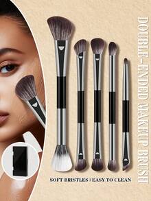 ronshadow Set Kuas Makeup Dua Ujung 5pcs/4pcs dengan Kotak Penyimpanan Cermin, Kuas Kontur, Perona Pipi, Bentuk Sabit, Bentuk Hidung, Bentuk Mata Besar, Bentuk Perpaduan, dan Bentuk Eyeliner, Alat Makeup Portabel untuk Perjalanan Sehari-hari, Kencan, dan Perjalanan Singkat - MultiWarna - View 4