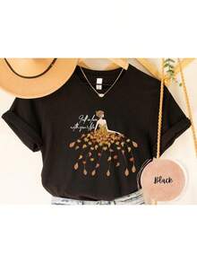 Women Fall Leaves Graphic Tee, Casual Autumn Season Daily Top, Fast Local Delivery - 黑色 - 查看 3