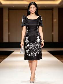 Modern Attire 女款優雅蝴蝶袖印花短袖洋裝 - 黑色 - 查看 3