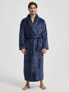 1pc Men's Solid Color Flannel Bathrobe, Shawl Collar Long Plush Bathrobe, Soft Casual Home Bathrobe, Comfortable Home Bathrobe - Multicolor - View 8