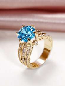 1 buah Cincin Wanita Bertema Kubik Zirkonia, Cocok untuk Pernikahan, Pertunangan, dan Hadiah Hari Valentine - Kuning keemasan + biru laut - View 12