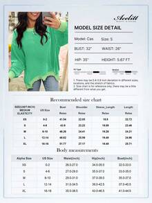 Acelitt Autumn Solid Color Textured Striped Cuffed Long Sleeve Casual Loose Crew Neck T-Shirt Spring - Green - View 4