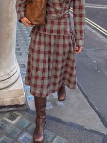 Women's Elegant Red Plaid Woven Maxi Dress - Red - View 3
