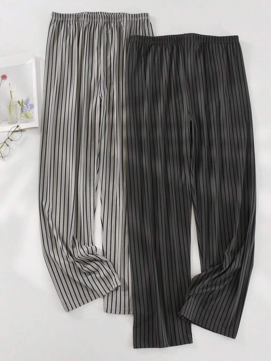 2pcs Men's Spring/Autumn Striped Long Pajama Pants, Luxury Premium Home Wear, Can Be Worn Outdoors - Multicolor - View 1